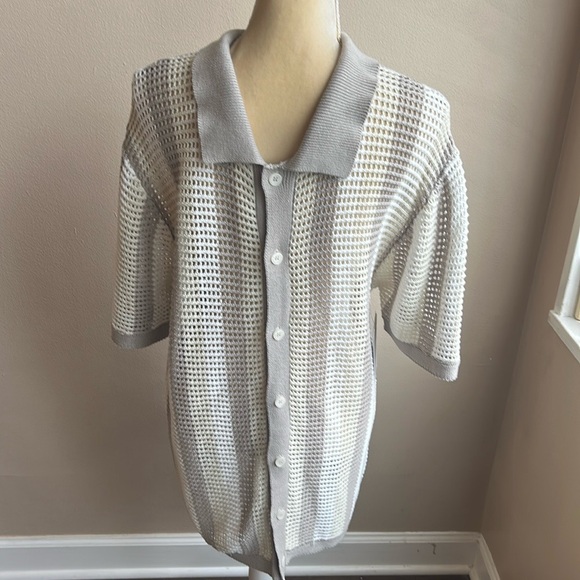 Massive Luxury  Shirt Men’s Crochet Knit Button Down Collared New Ivory Beige L - Picture 1 of 8